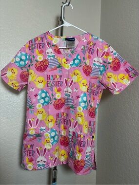 Tafford Happy Easter Pink Scrub Top Women’s Size S Easter Bunny